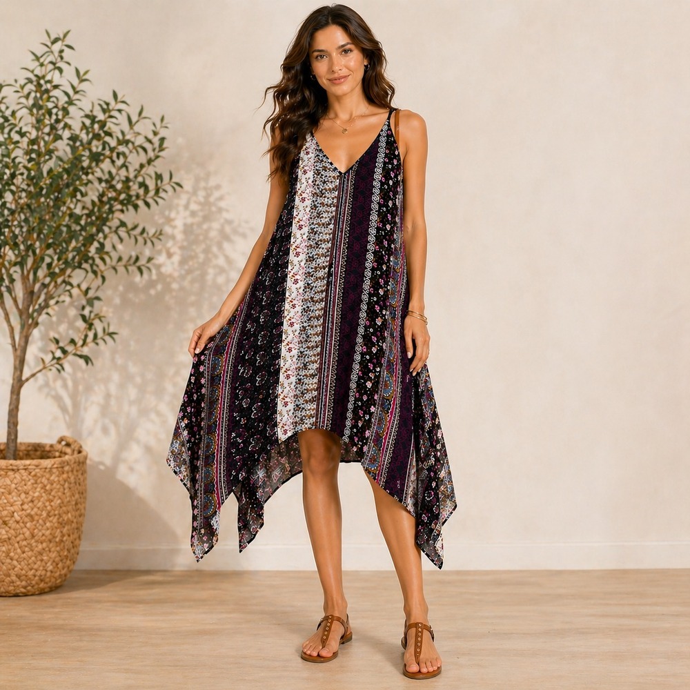 Kori America Boho Patchwork Dress Asymmetrical Floral Flowy Women Medium